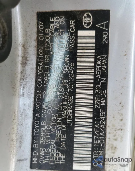 2007 Toyota Corolla Ce z USA, uszkodzony, nr VIN JTDBR32E170122496